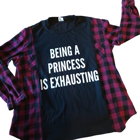 Reworked Flannel Tee, Size M-L: Upcycled Oversized Princess Graphic Pullover - Picture 5 of 11